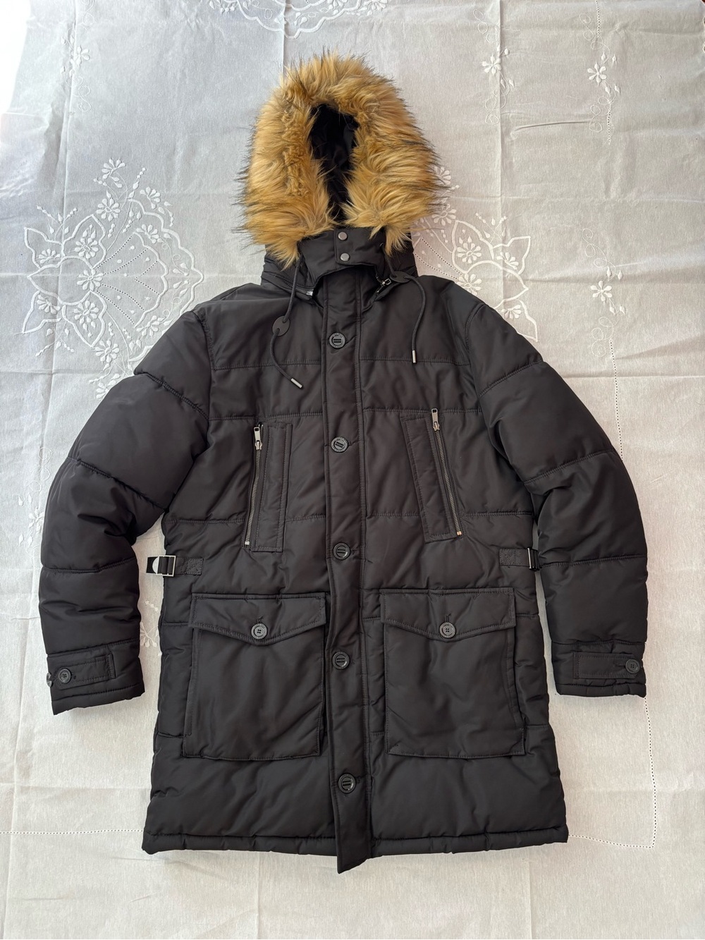 Zara Man Black Puffer Parka with Faux Fur-Trim Hood